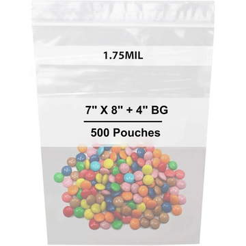 7X8 + 4 inch Quart Zipper Standup Pouches w/ White Strips 1.75 Mil LDPE